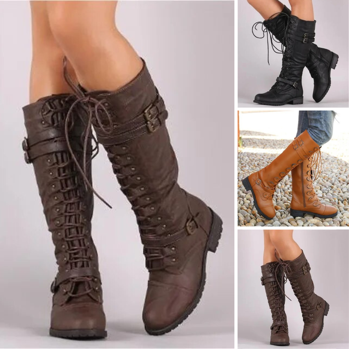 Lace-Up Knee-High Boots-Schoenen store -Enrois
