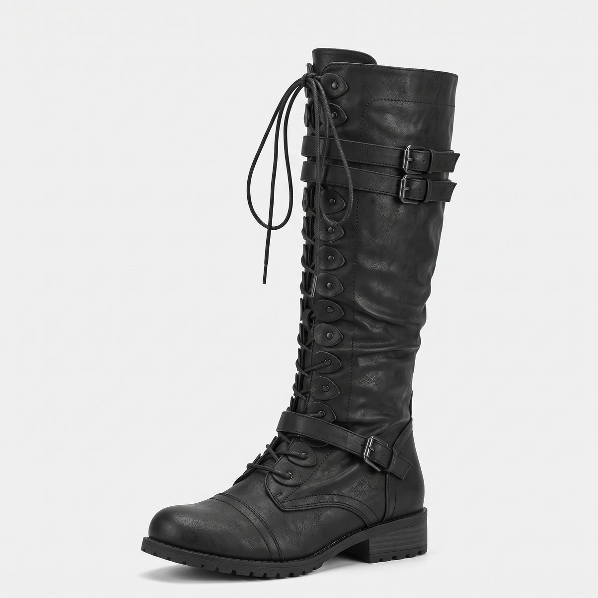 Lace-Up Knee-High Boots-Schoenen store -Black-4.5-Enrois