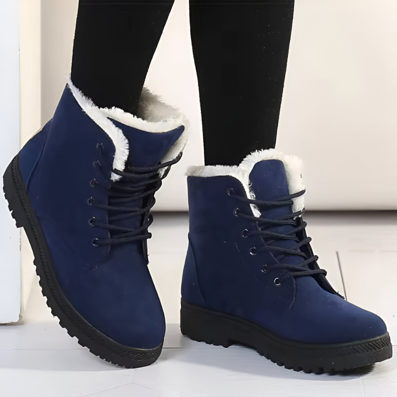 Plush-Collar Lace-Up Winter Ankle Boots in blue.