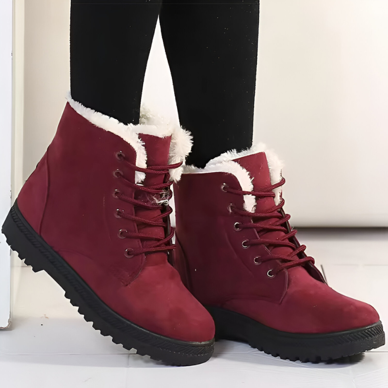 Plush-Collar Lace-Up Winter Ankle Boots in red.
