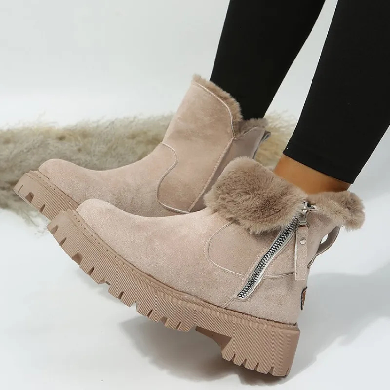 Plush-Collar Zip Winter Ankle Boots.