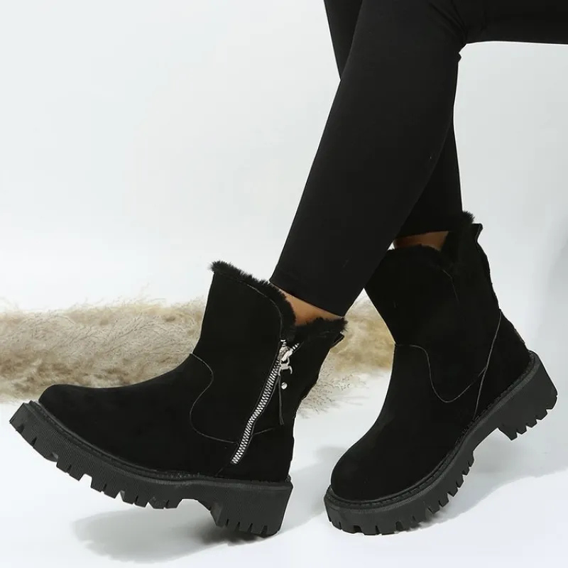 Plush-Collar Zip Winter Ankle Boots in black.