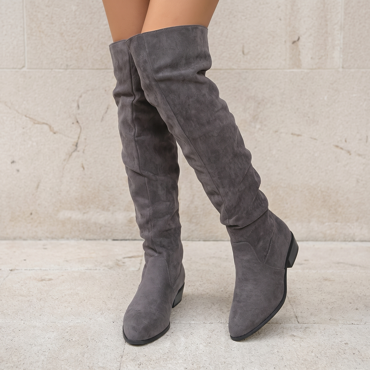 Women's Knee-High Pointed-Toe Suede-Effect Boots — Gray