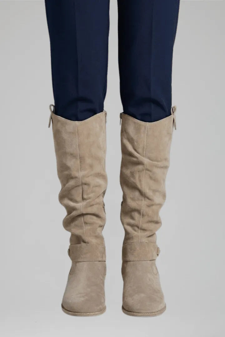Women's Faux-Suede Knee Boots with Low Block Heels in beige.
