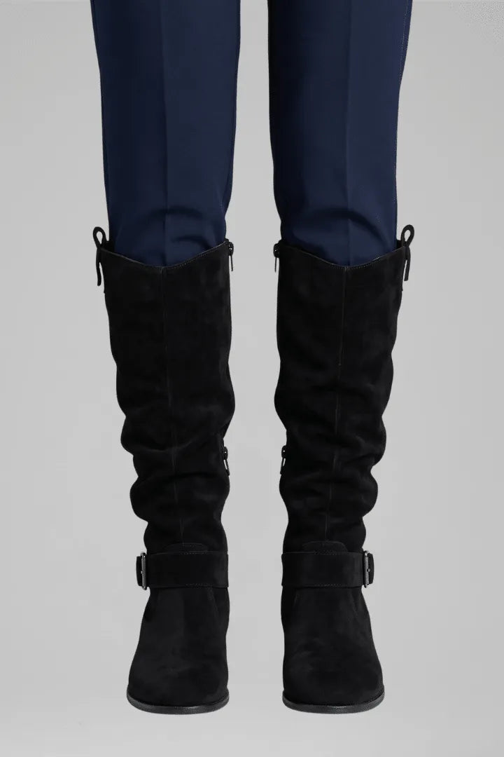 Women's Faux-Suede Knee Boots with Low Block Heels in black.