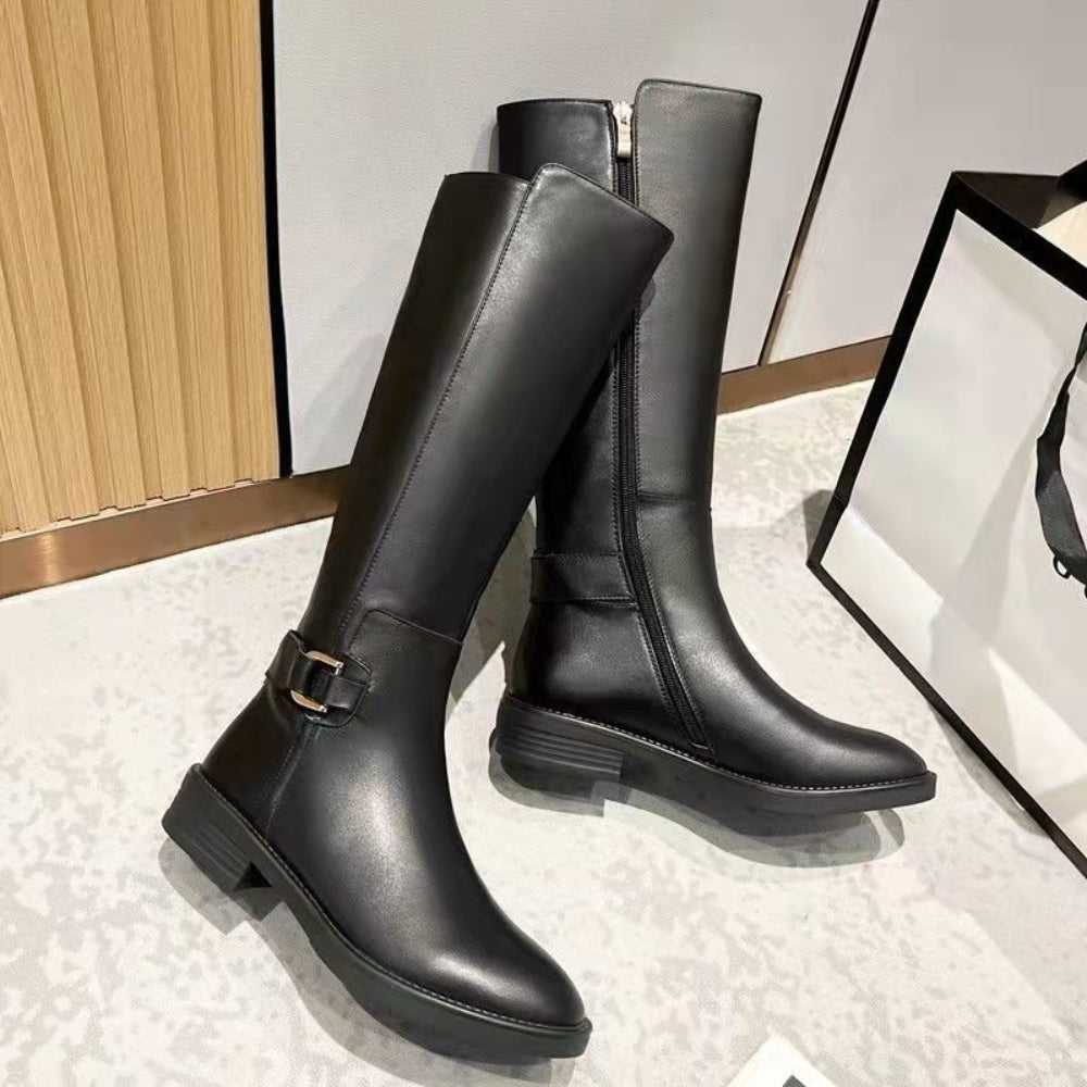 Women's Flat Knee Boots with Side Buckles in black.