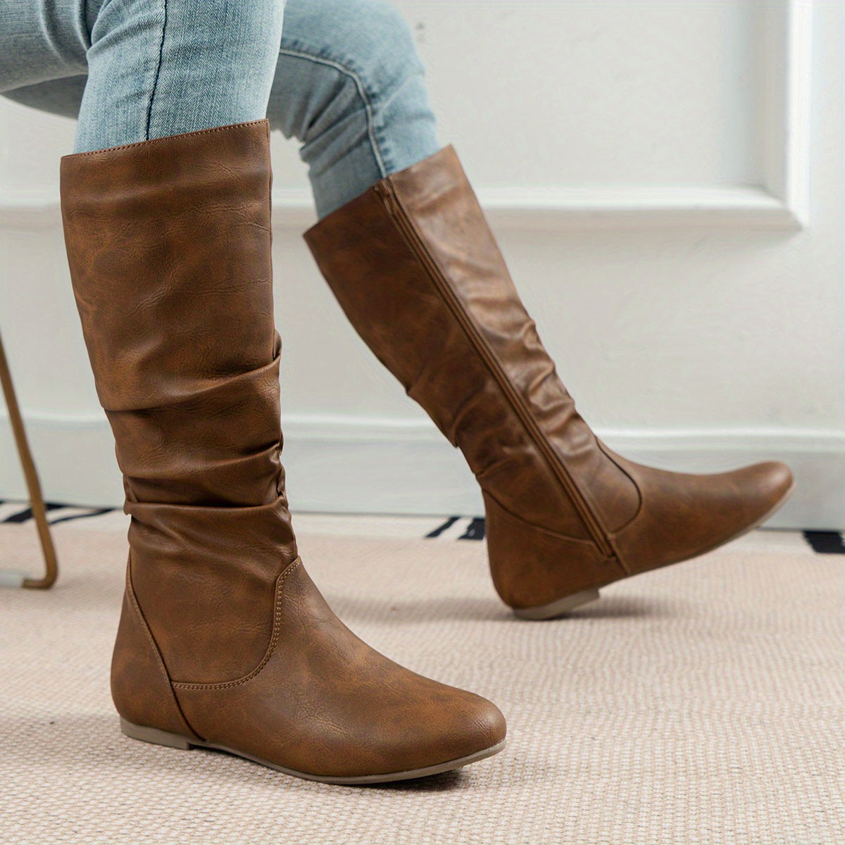 Women's Gathered Flat Knee Boots in light brown.