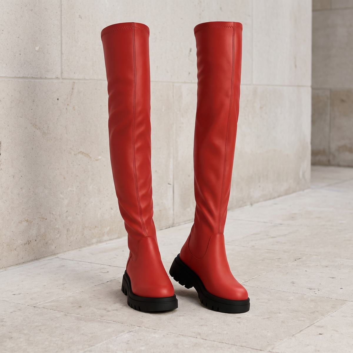 Women's Over-the-Knee Chunky Sole Slip-On Boots — Red