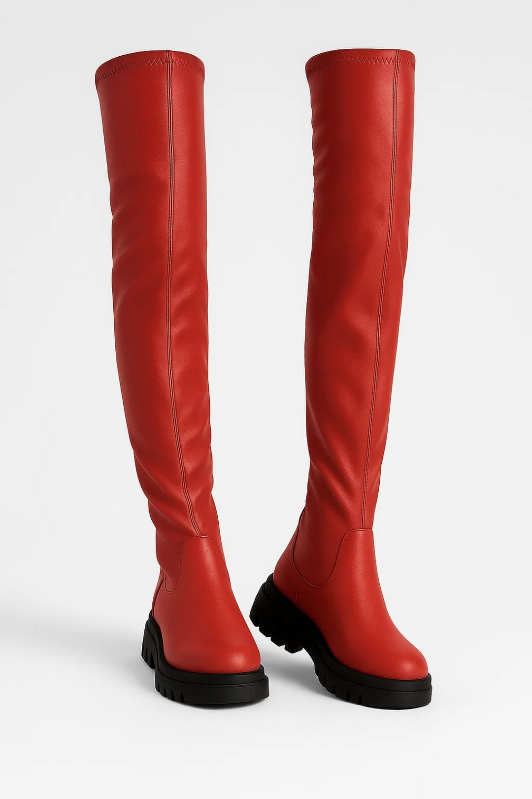 Women's Minimal Over-the-Knee Chunky Boots in red.