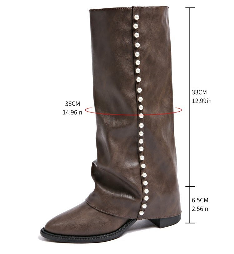 Women's Pearl-Trim Knee-High Boots in brown.