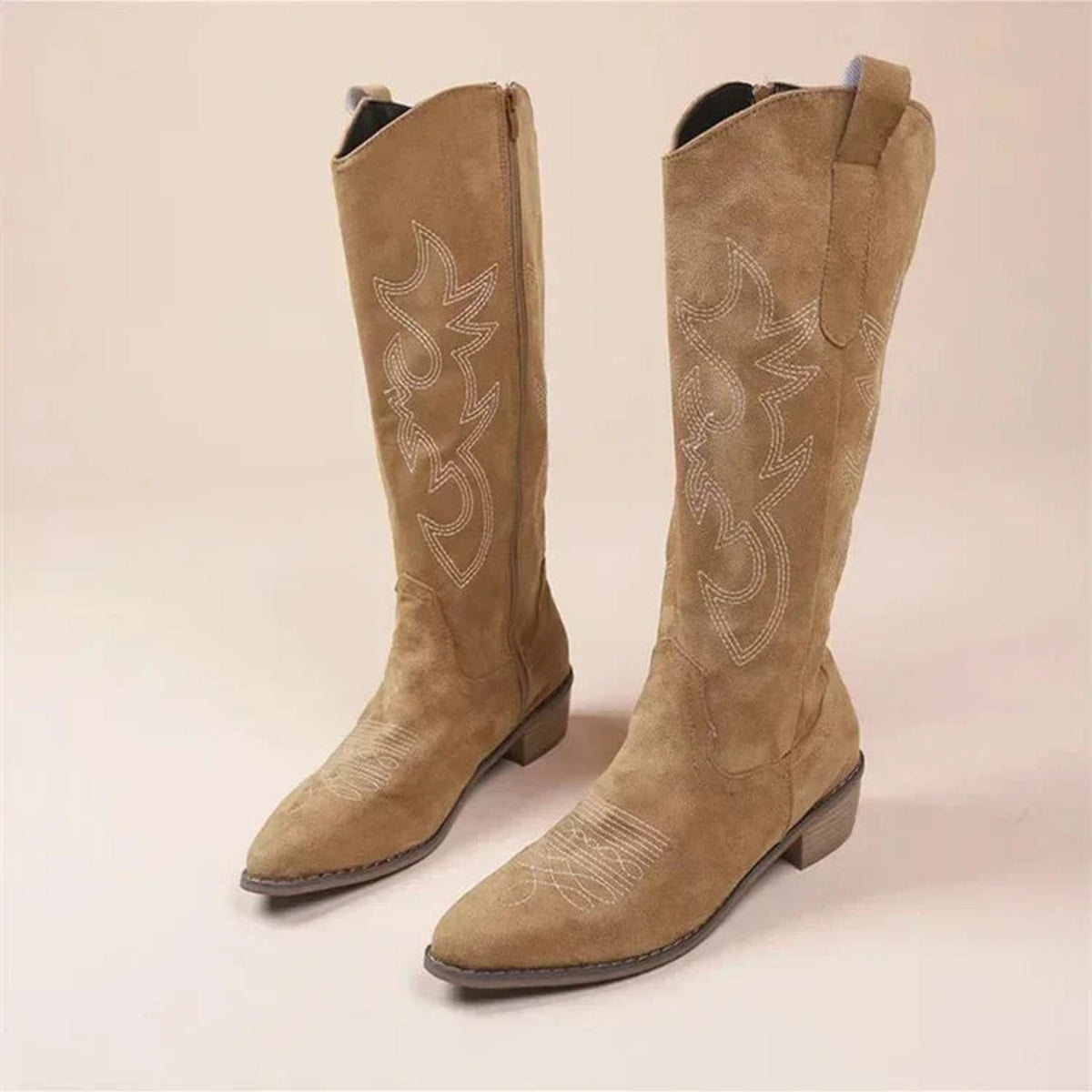 Women's Pointed Embroidered Western Boots in brown.