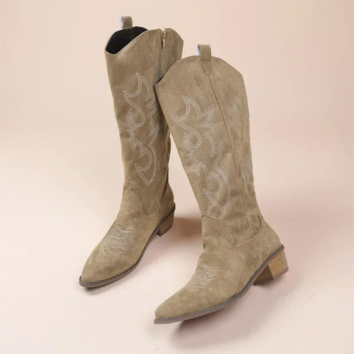 Women's Pointed Embroidered Western Boots in khaki.