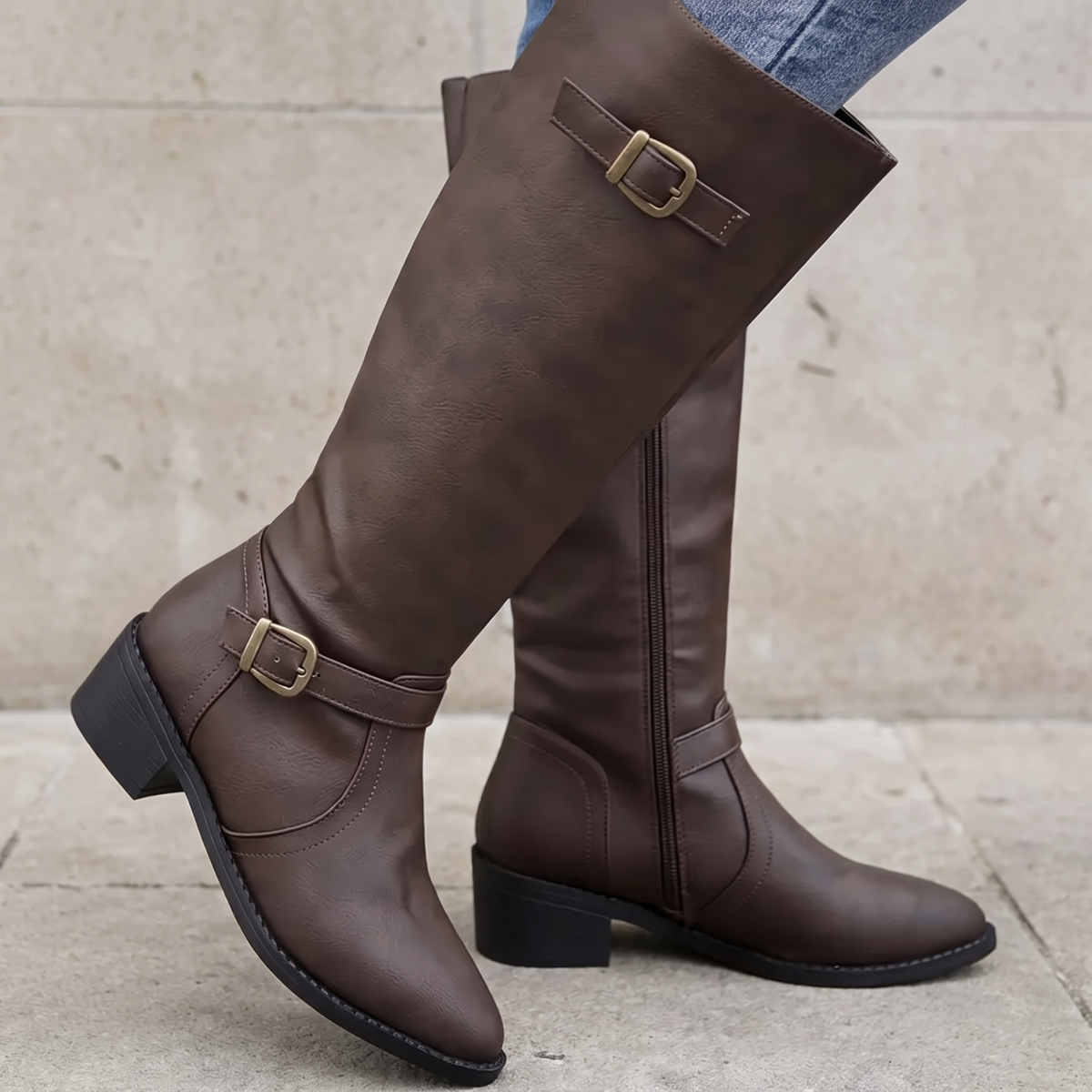 Women's Pointed-Toe Faux Leather Chunky-Heel Side-Zip Boots — Grey