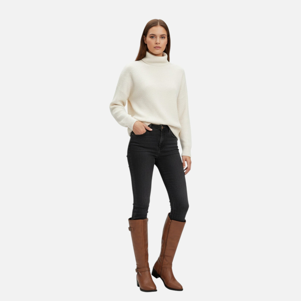 Women's Pointed Faux Leather Block-Heel Tall Boots.