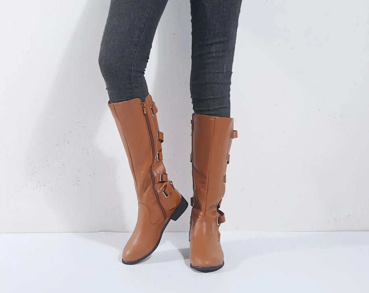 Women's Riding-Detail Adjustable Ankle Boots in brown.