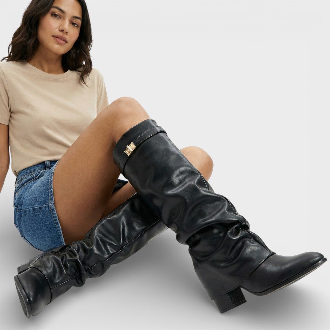 Women's Ruched Faux Leather Side-Zip Boots.