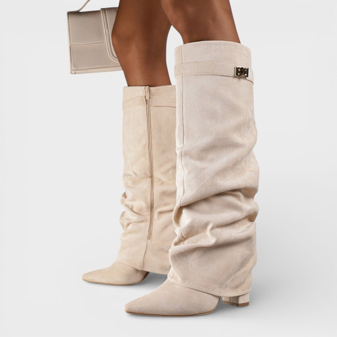 Women's Ruched Faux Leather Side-Zip Boots in beige.