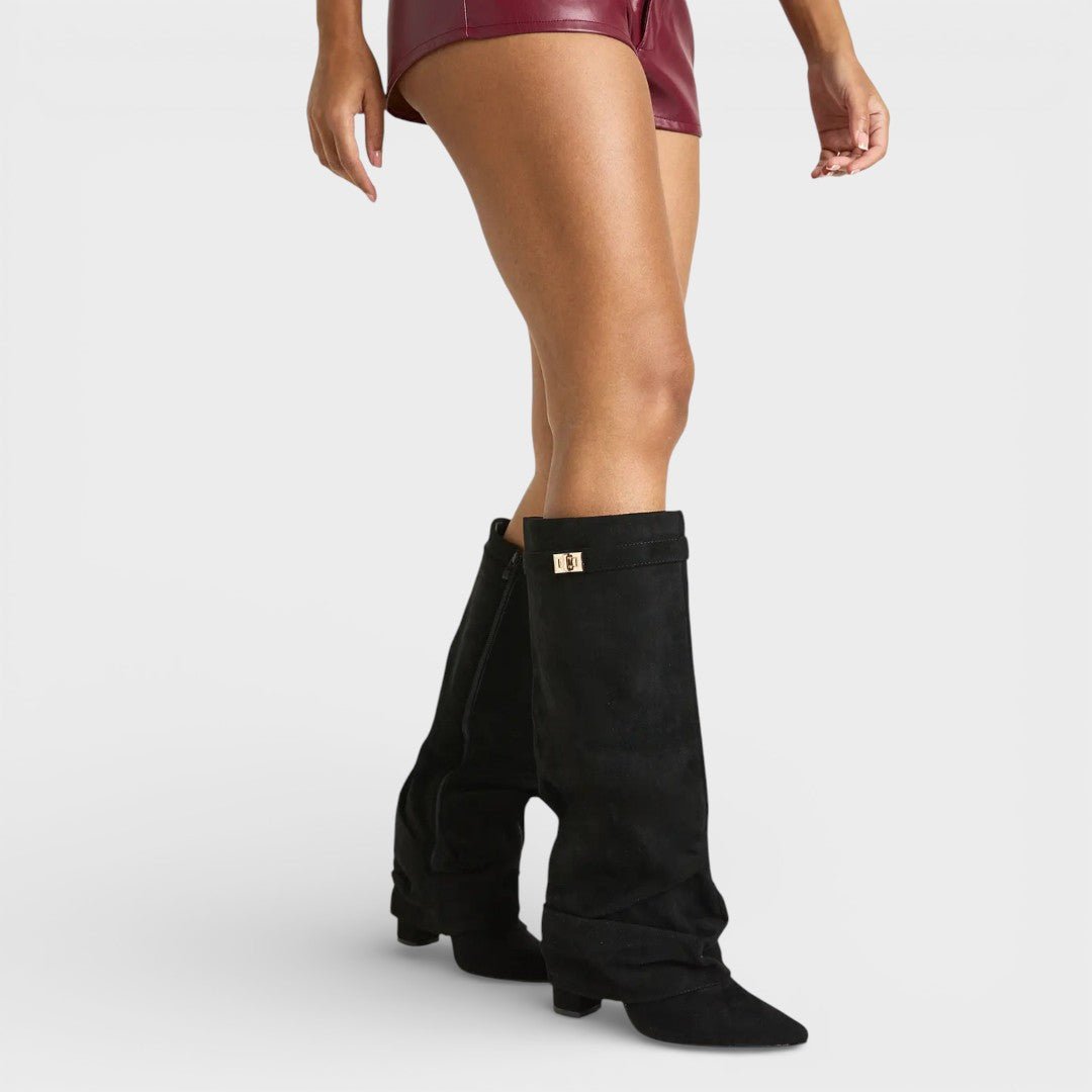 Women's Ruched Faux Leather Side-Zip Boots in black.