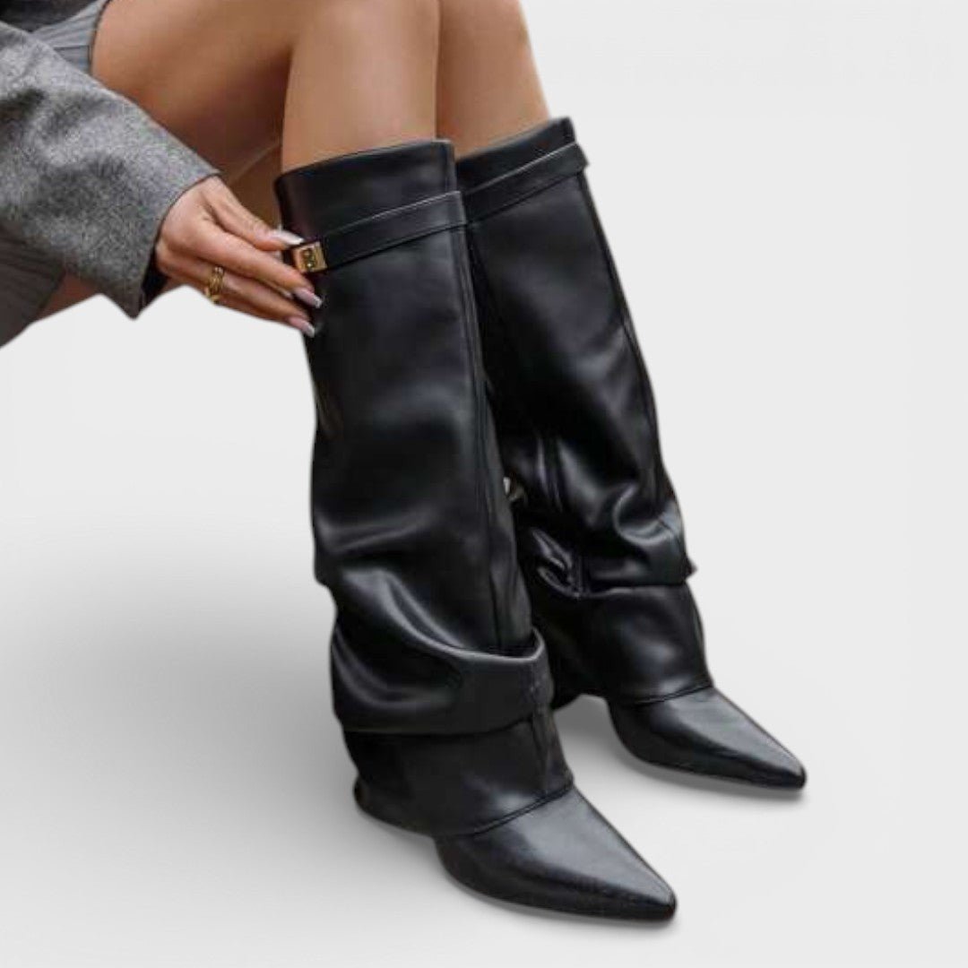 Women's Ruched Faux Leather Side-Zip Boots in black.