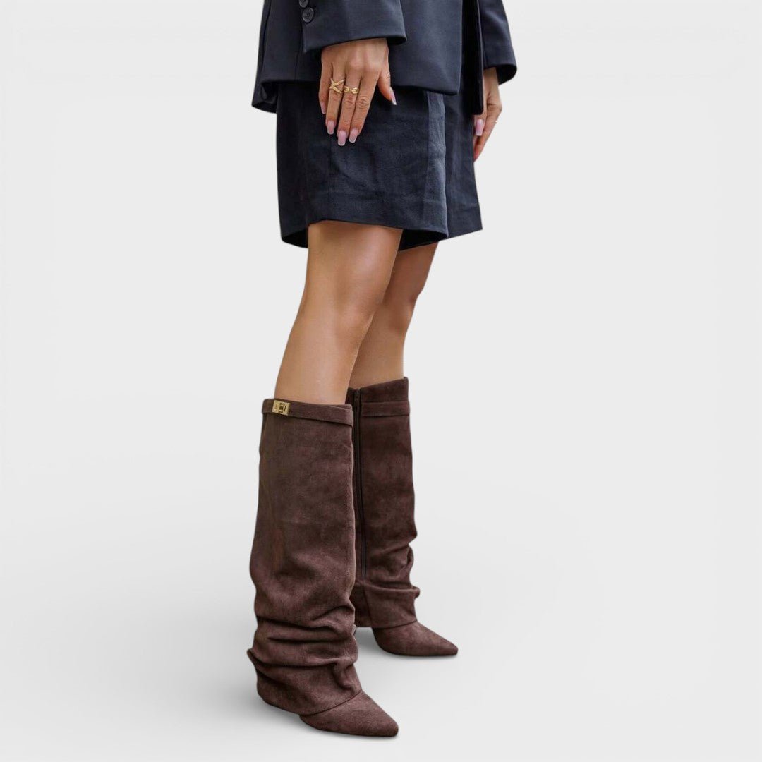 Women's Ruched Faux Leather Side-Zip Boots in dark brown.