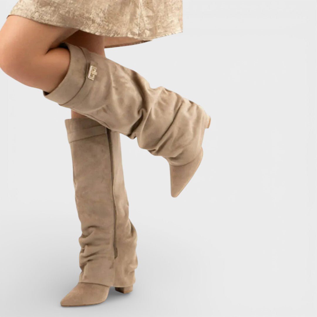Women's Ruched Faux Leather Side-Zip Boots in light brown.