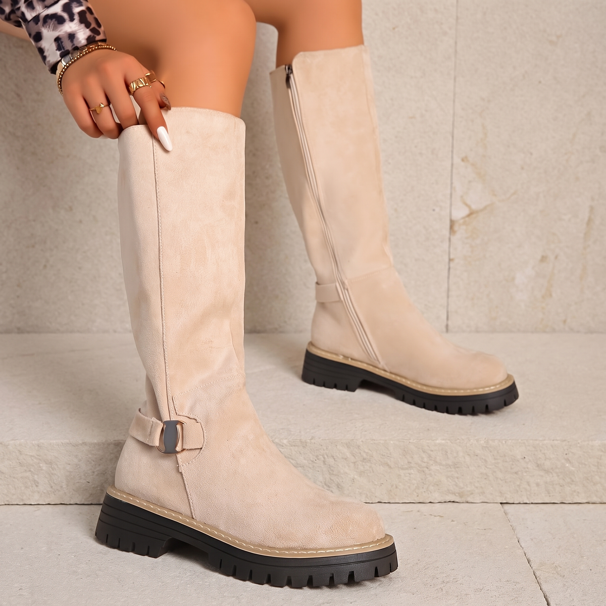 Women's Suede-Look Ankle Boots with Side Zip, Low Block Heel — Beige