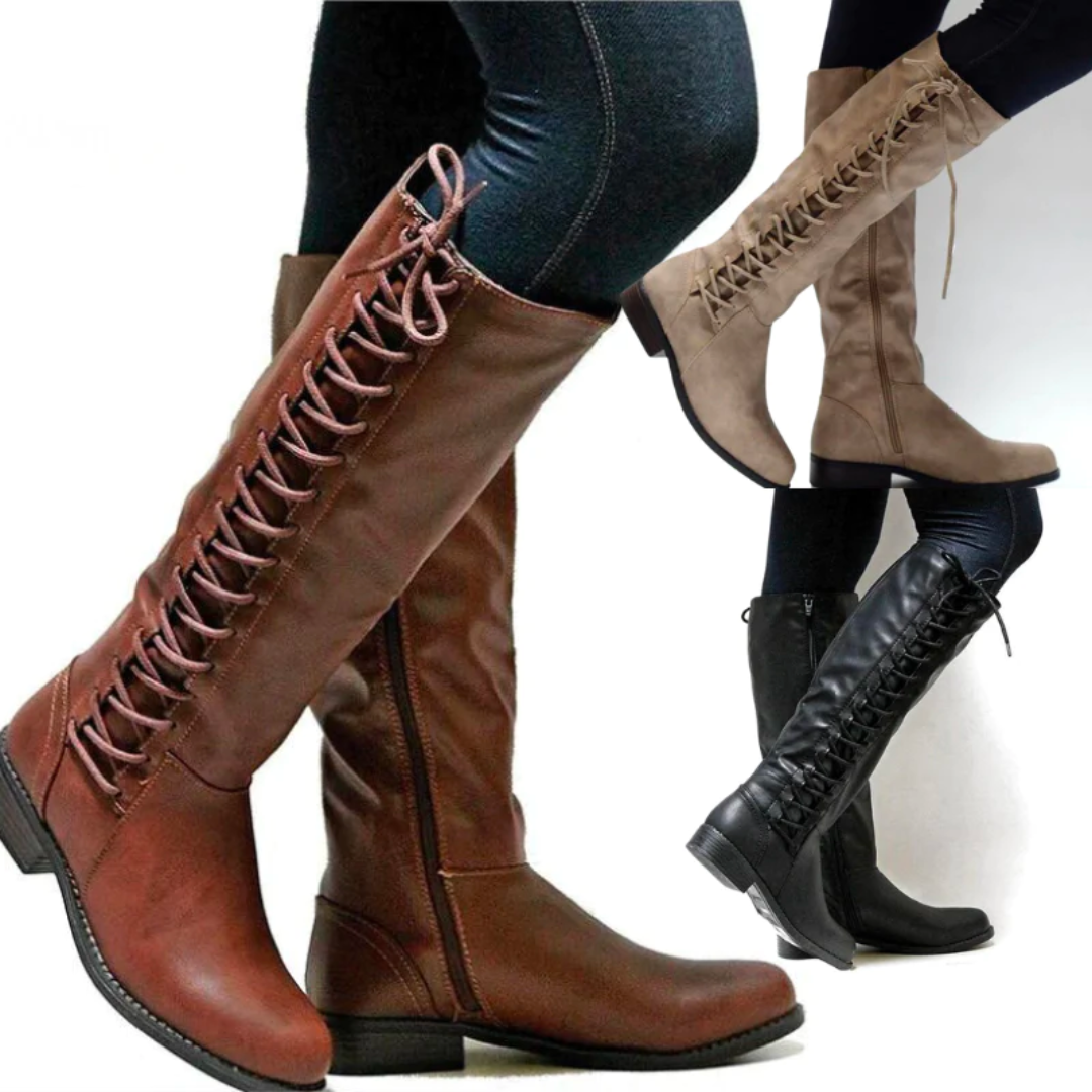 Women's Warm-Lined Leather Knee-High Lace-Up Boots.