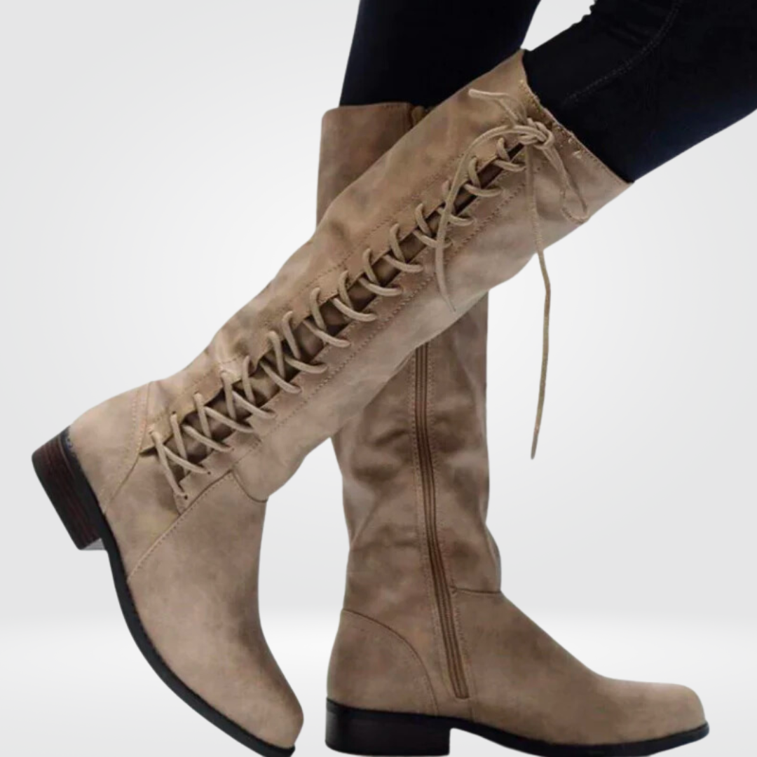 Women's Warm-Lined Leather Knee-High Lace-Up Boots in beige.