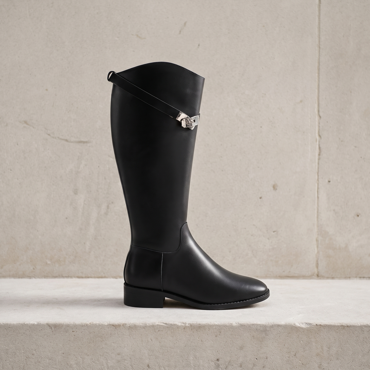 Black knee-high riding-style boot with a low heel and silver-tone buckle against a light stone backdrop.