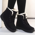 Black lace-up winter ankle boots with pale plush collars and tonal soles