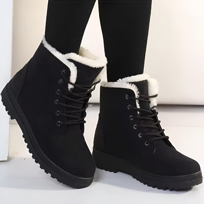 Black lace-up winter ankle boots with pale plush collars and tonal soles