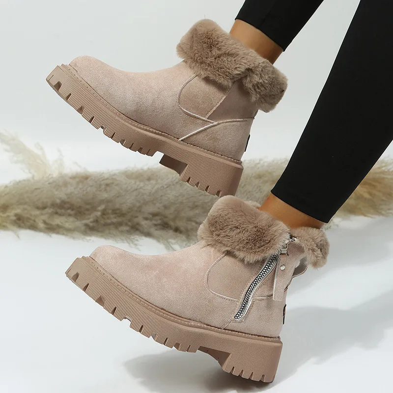 Plush-Collar Zip Winter Ankle Boots.