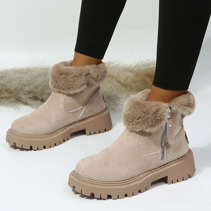 Khaki side-zip ankle boots with plush collars and tonal lug soles