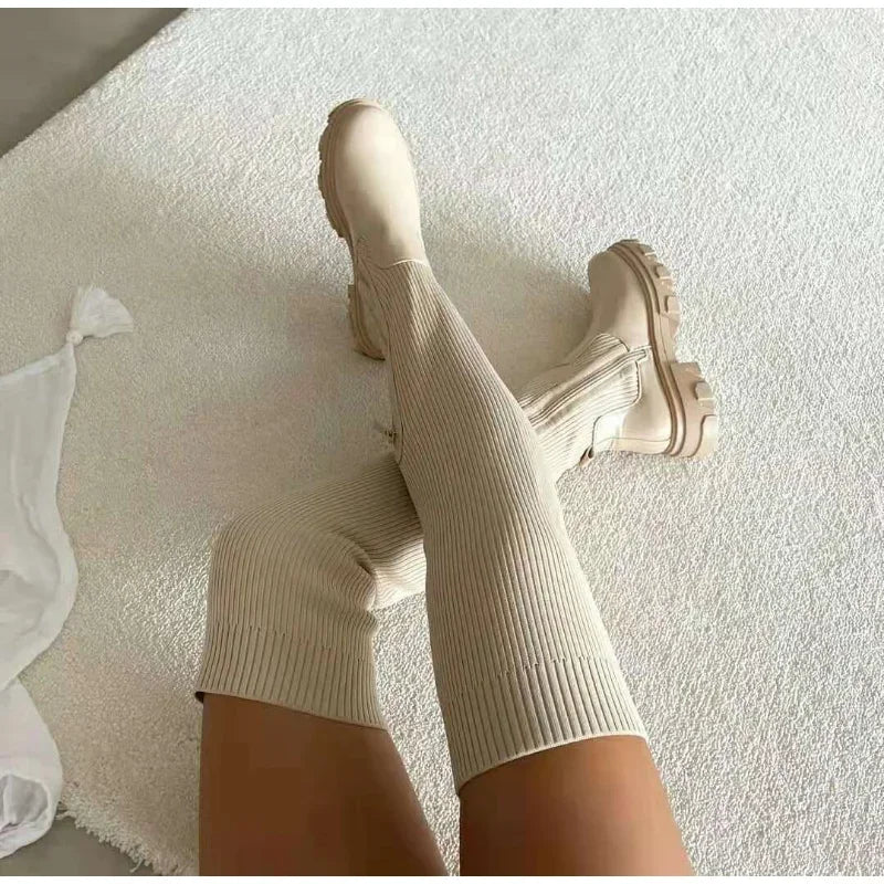 Tall Ribbed Boots with Arch Support in beige.
