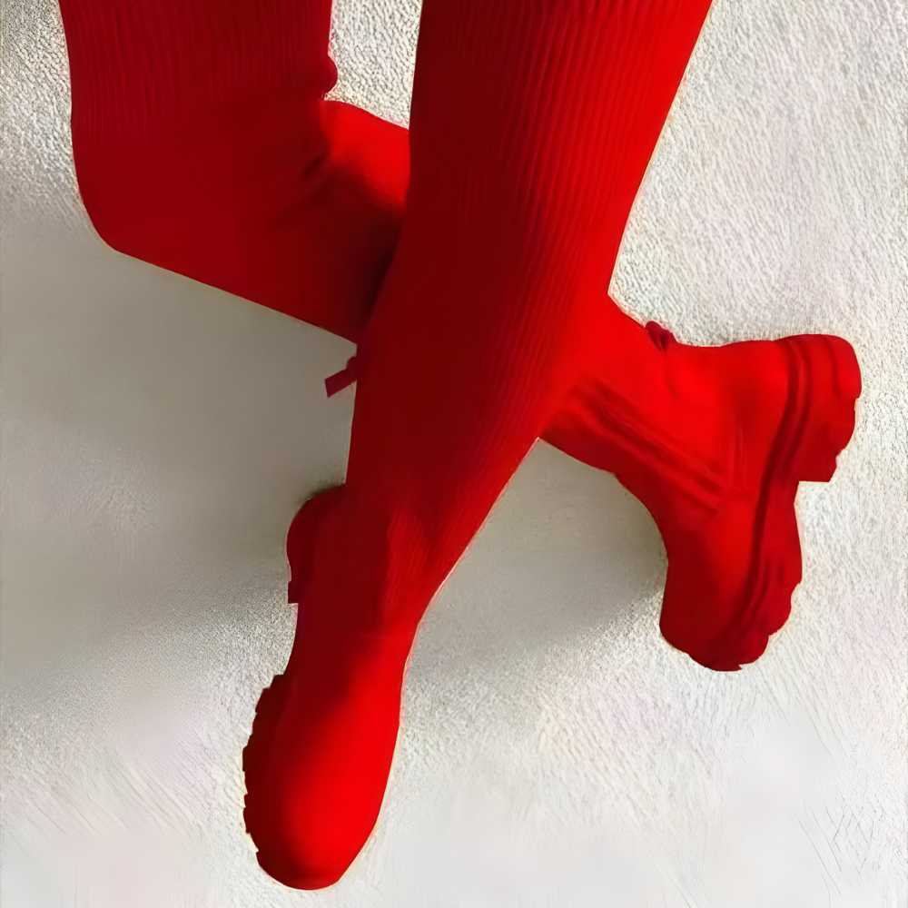 Tall Ribbed Boots with Arch Support in red.