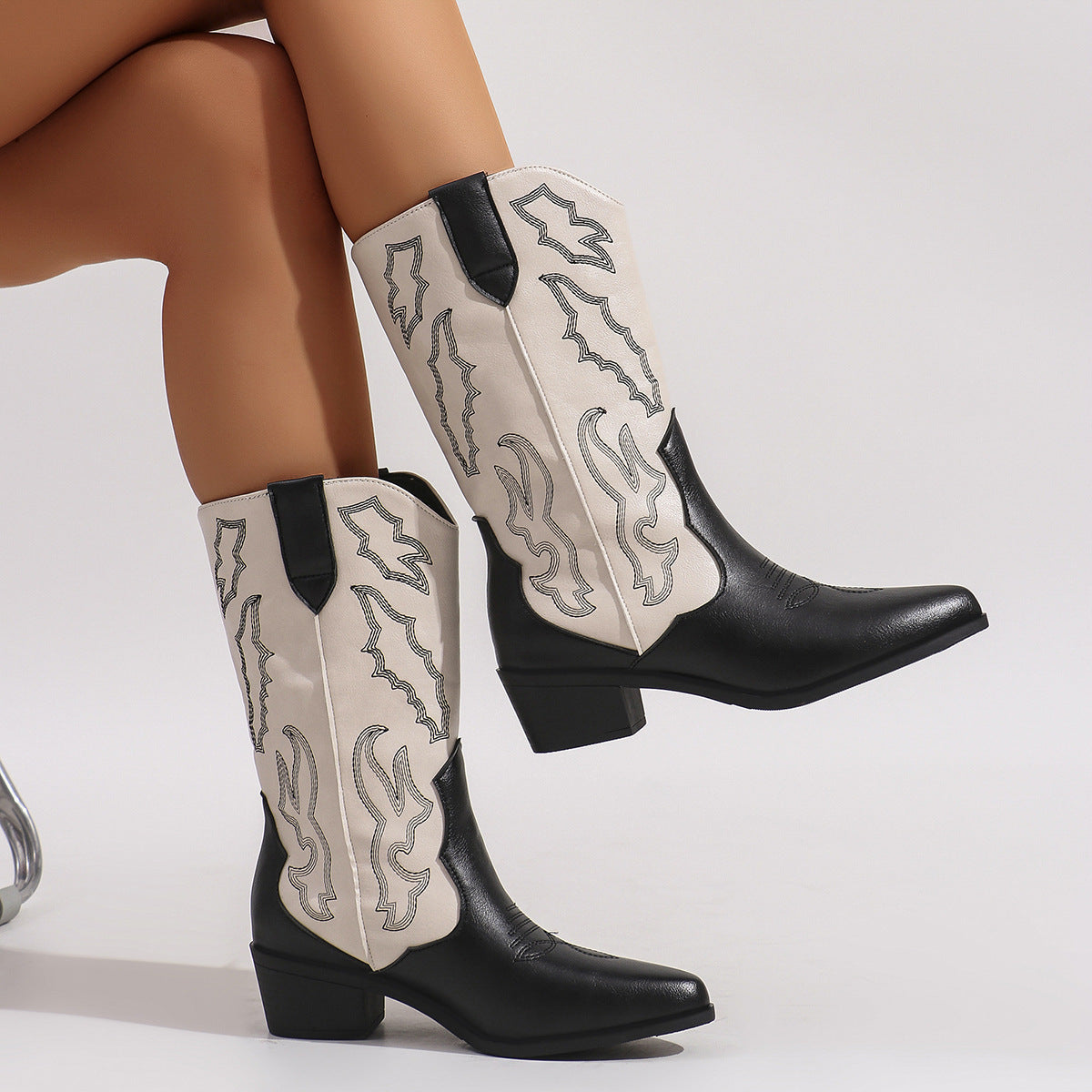 Women's Calf-High Embroidered Cowboy Boots.