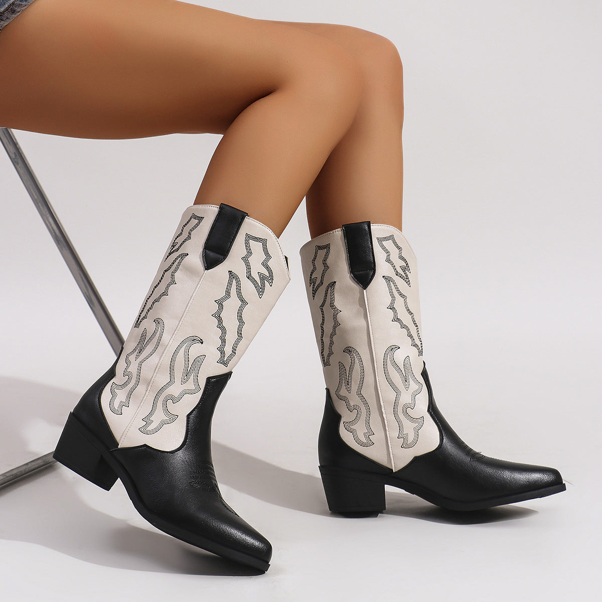 Women's Calf-High Embroidered Cowboy Boots in black.