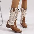 Women's Calf-High Embroidered Cowboy Boots in light brown.