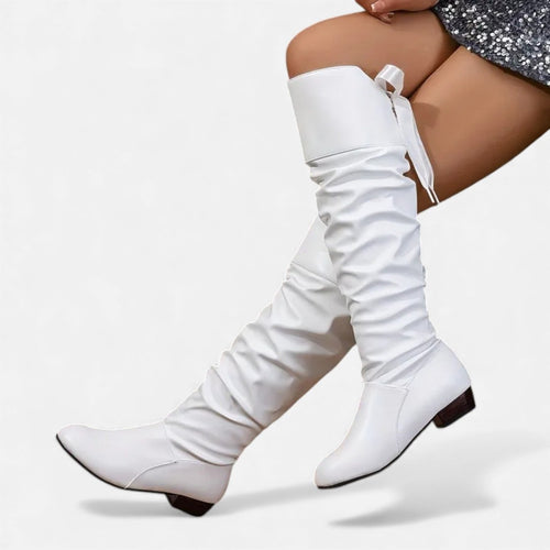 Women's Close-Fit Ruched Knee Boots in white.