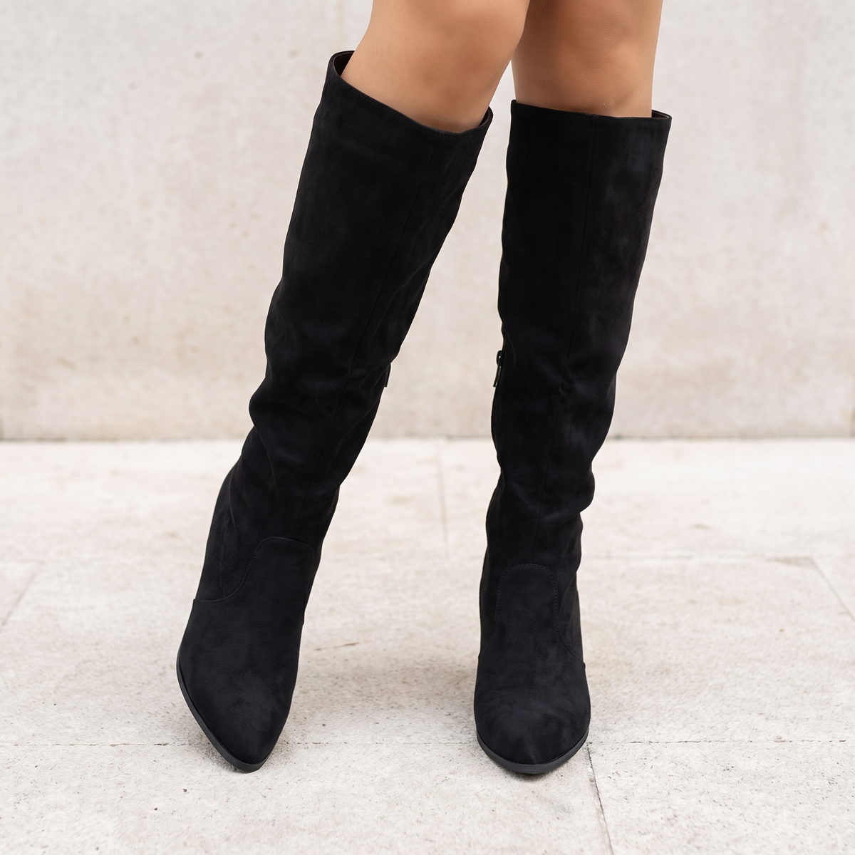 Women's Knee-High Pointed-Toe Suede-Effect Boots — Black