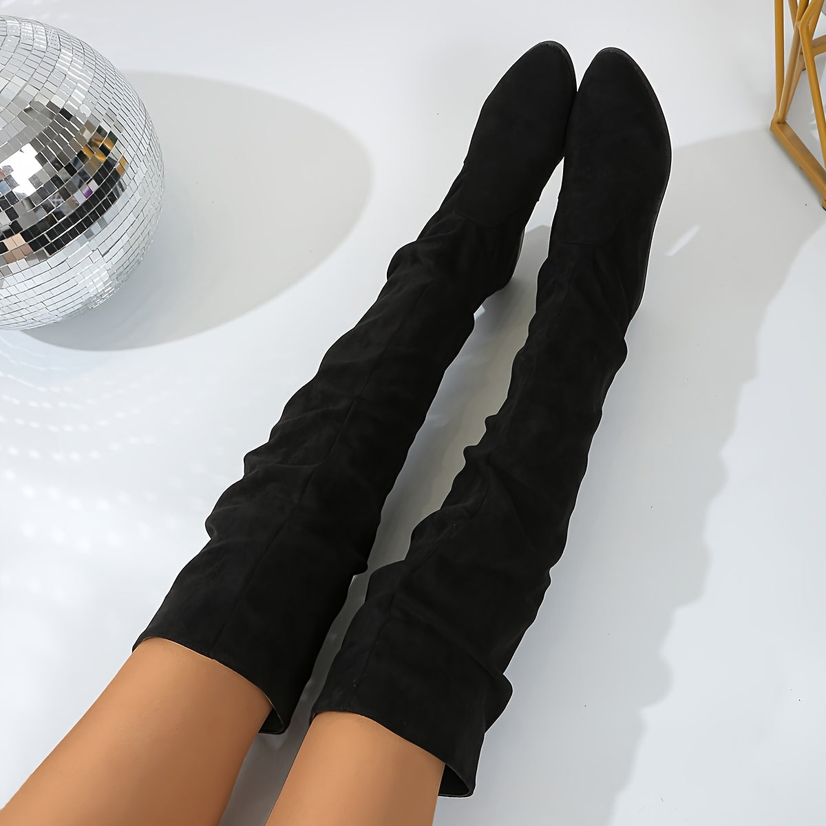 Women's Draped Faux-Suede Knee Boots in black.