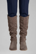 Women's Faux-Suede Knee Boots with Low Block Heels in brown.