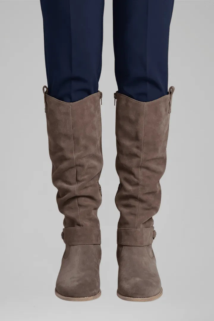 Women's Faux-Suede Knee Boots with Low Block Heels in brown.