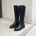 Women's Knee-High Boots with Side Zip and Buckle — Black