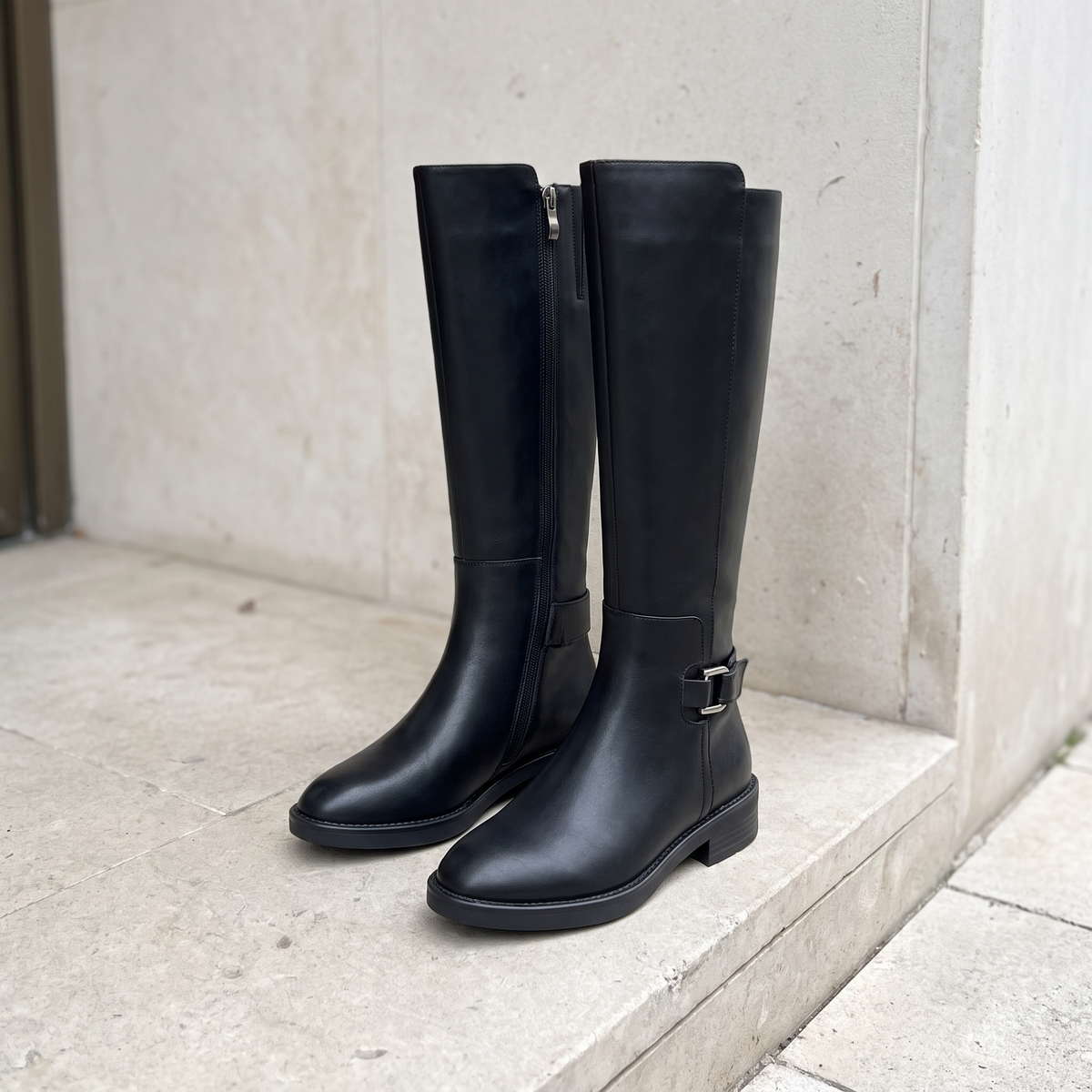 Women's Knee-High Boots with Side Zip and Buckle — Black