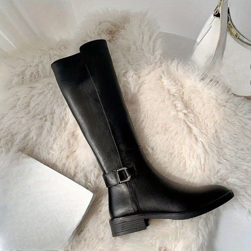 Women's Flat Knee Boots with Side Buckles.