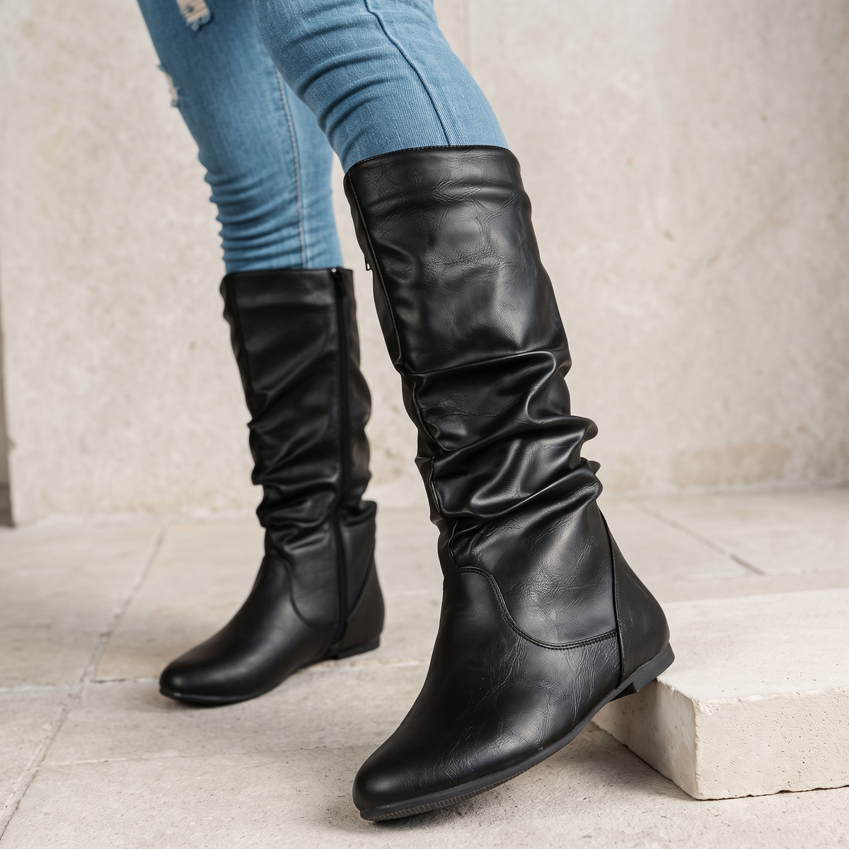 Women's Knee-High Boots with Gathered Shaft and Side Zip — Black