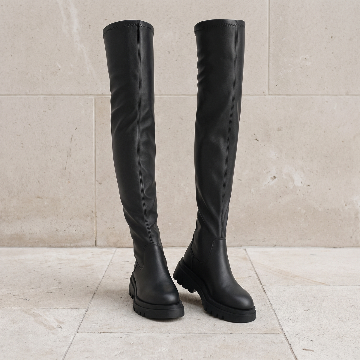 Women's Over-the-Knee Chunky Sole Slip-On Boots — Black