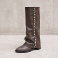 Women's Knee-High Synthetic Leather Boots with Pearls — Brown
