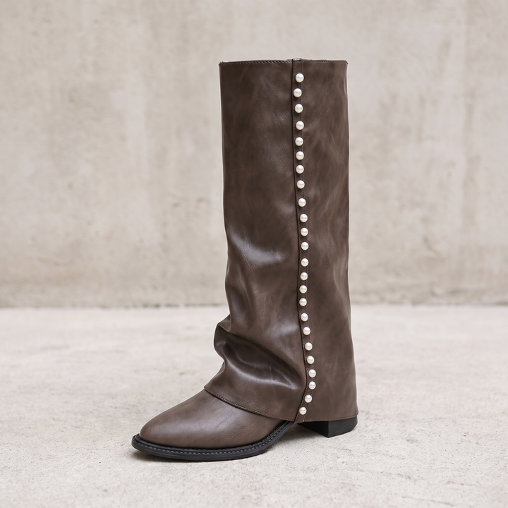 Women's Knee-High Synthetic Leather Boots with Pearls — Brown